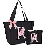 A-Z - Bolsa de Maquillaje Personalizada, Regalos de cumpleaños para Mujeres y Madres, Regalos para Mejor Amiga, Bolsa de cosméticos para Novia, Dama de Honor, Señoras (R, Negro 2 Piezas)