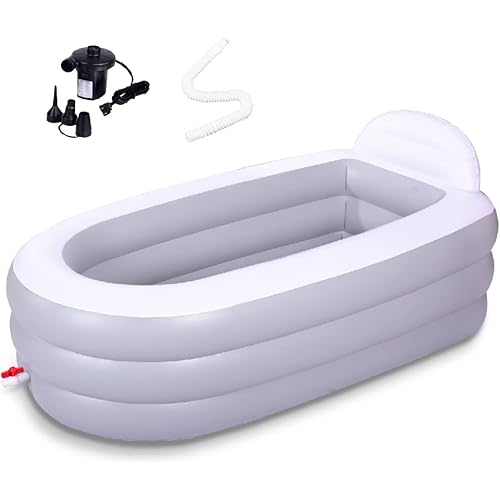 Inflatable Bathtub for adults, 65"×34"×28" Foldable Portable Bathtub, Blow UP Bath Tub with Backrest for Home Spa or Ice Bath(Gray White) (With Pump)
