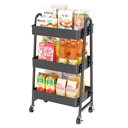 Wisdom Star 3 Tier Utility Rolling Cart, Heavy-Duty Mesh Storage Cart with Locking Wheels, Metal Mobile Trolley Cart for Home, Kitchen, Bathroom, Office，Black