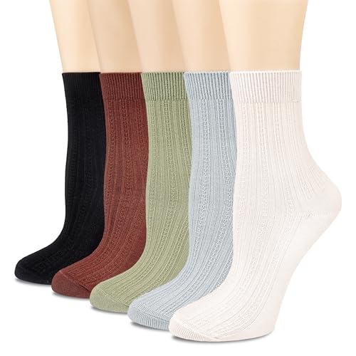 Image of Womens Cotton Crew Socks Cute Thin Soft Comfort Breathable Lightweight Dress Socks Above Ankle Crew Socks Casual for Girls 5Pack