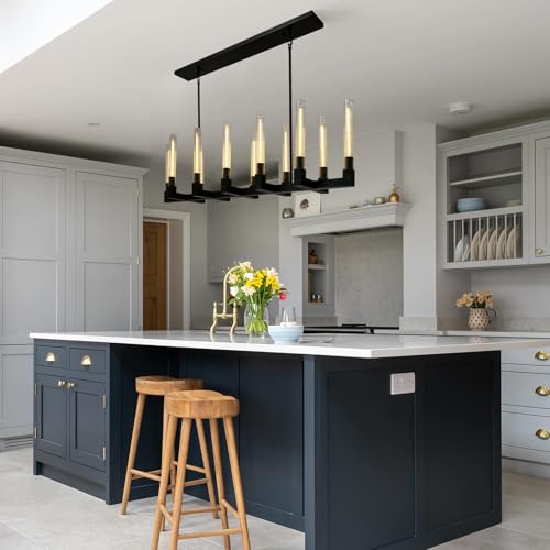 54 Inch Black Rectangular Chandeliers for Dining Room,12-Lights Modern Farmhouse Chandelier with Knurled Glass Tube,Black Copper Linear Chandeliers Dining Room Over Table Kitchen Island Pendant Light