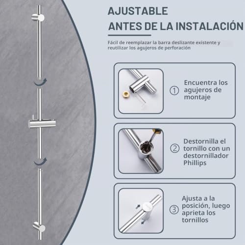Miniatura 3 de Detbom Barra De Ducha 90cm De Acero Inoxidable,Barra De Ducha Con Soporte De Alcachofa De Ducha 360 Giratoria Y Ajustable,Barra De Ducha Para Adaptarse A Los Orificios Existentes