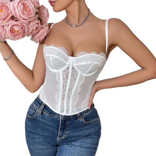 Corsé de verano para mujer, corpiño de encaje, para fiesta, club, moda, Blanco, S
