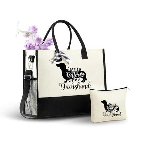 InnoBeta Dachshund Gifts for Women, Canvas Tote Bag with Top Zipper Closure and Shoulder Strap for Birthday, Mother's Day, Christmas