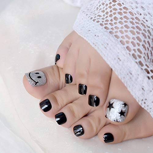TJJF Glitter Toes Fake Nail Smiley Gesichtsmuster Fußnägel Vorgefertigte UV-Gel Künstliche Nägel Geeignet für Füße