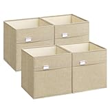 SONGMICS Cube Storage Boxes, Set of 4 Storage Cubes, 30 x 30 x 30 cm, 2 Handles, Foldable, Oxford Fabric and Linen-Look Fabric, Washable, Metal Label Holders, Sand Beige ROB230Y04