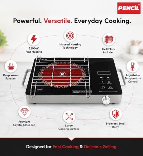 Image of Pencil Swift Infrared Cooktop 2000W Touch Control | All Vessel Compatible | 4.5kV Surge Protection | Crystal Glass Top | Preset Functions | Overheat Protection | Electric Cooktop