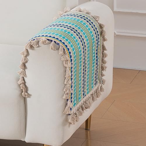 Image of HOKIPO 'Artisan Boho Series' Sofa Arm Cover with Tassel | 450 GSM Thick Cotton Acrylic Jacquard Fabric Armrest Mat Size 50x70 cm, Pack of 2, Aqua Blue (IN-899-A4*2SM)