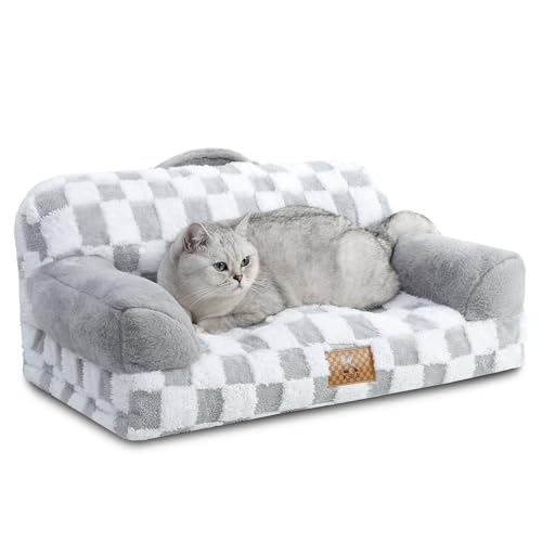 KSIIA Petit Canapé Panier Chien Dehoussable Lavable 66x37 cm, Lit pour Chien Orthopédique, Panier Chat Moelleux Confortable, Base Antidérapante, Canapé pour Chien avec Accoudoirs et Dossier, Gris