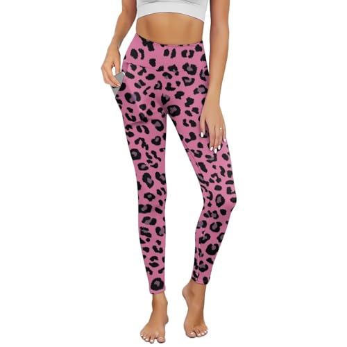 RMMRIYUE Pink Leopard Print Women's Workout Leggings Tummy Control High Waist Yoga Pants Stretch Athletic Full Length Tights Pants with Pockets Size S by RMMRIYUE - Used condition - US$17.22
