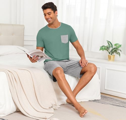 Image of PrinStory Mens Summer Pajamas Set Lightweight Pjs Sets Short Sleeve Pajama Shorts Set Soft Sleepwear Loungewear with Pockets