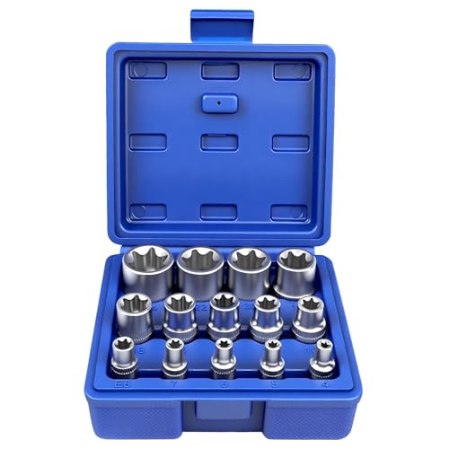 Jeu de 14 Douilles Torx Exteriores 1/4 3/8 1/2, Coffret Douilles Torx Femelle E4, E5, E6, E7, E8, E10, E11, E12, E14, E16, E18, E20, E22, E24 (Bleu)