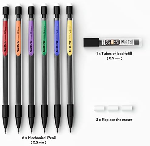 Nicpro 6 PCS 0.5mm Mechanical Pencil Set, Retractable Colours Pencil Clips Drafting Pencil with 0.5 mm HB Lead Refills, 3 Eraser Refills for Student Writing, Drawing, Sketching