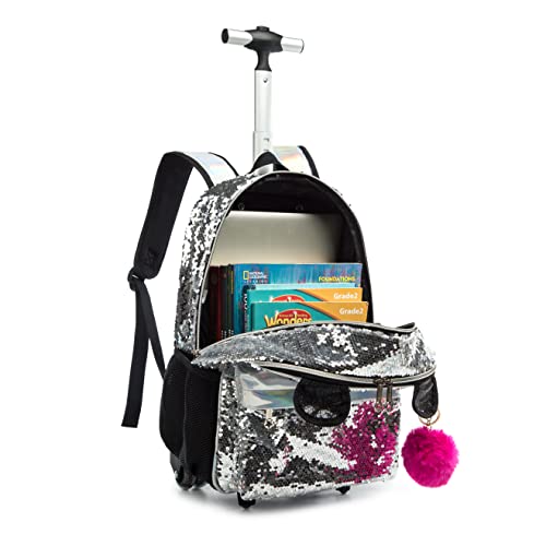 Girls Rolling Backpack Wheels Backpacks For Kids Luggage Wheeled Sequin Sparkly Trolley Trip Suitcase For Elementary Preschool Girls Panda Travel Backpack With Lunch Box For Picnic #TOP2