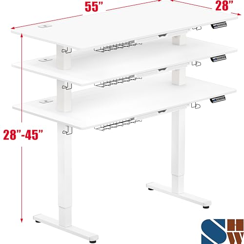 Image of SHW 55 x 28 Inches Electric Height Adjustable Standing Desk with Drawer and Memory Preset, White