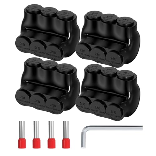 Joinfworld 3 Port Insulated Multi Tap Connector 250MCM-6AWG Aluminum to Copper Wire Connectors Single Side Entry Black Aluminum Connectors with Slotted Allen Hex - 4 Pack