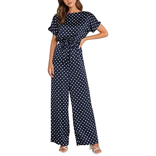 Jumpsuit Damen Sommer Strand - Hosenanzug Damen Festlich Elegant Overall Punkte Einteiler Gummibund Playsuit Weites Bein Jumpsuits High Waist Playsuits Lang sommerhose Leicht stoffhose