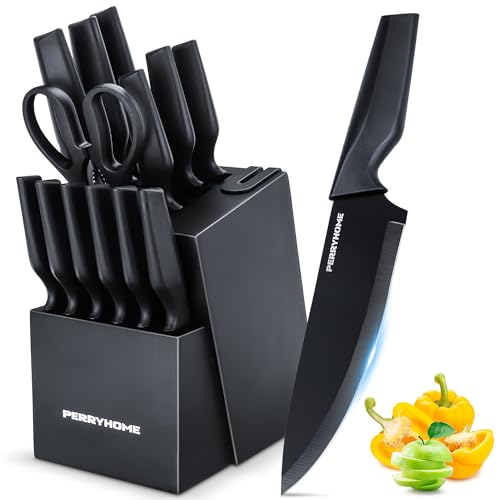Opiniones de Bloques de cuchillos favoritos de las personas. 41 PERRYHOME 15Pzs Juego de Cuchillos de Bloque para Cocina, Cuchillos de Acero Inoxidable para Corte Preciso, Cuchillo de Cocina para Picar Verduras, Cortar Carne y Huesos (Negro)