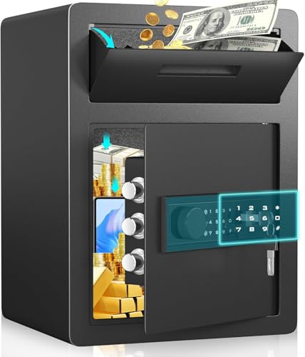 金庫 家庭用 2 in 1投入式 金庫 小型 電子 耐火 防犯箱 テンキー式 店舗用 業務用 会社用 保管庫 ライト ダブルアラーム機能 緊急キー付き LED ライトとミュート機能 現金 ジュエリー 貴重品 貯金箱 床・壁に固定可能 家庭 事務所 旅館 店に適し KT-50