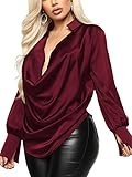 LYANER Women's Satin Collar Neck Drape Ruched Front Long Sleeve Blouse Shirt Top Wine Red Large