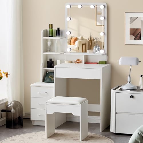 TUKAILAI Schminktisch mit LED Beleuchtung und Hocker, Frisiertisch mit Spiegel LED, 4 Schubladen 6...