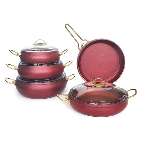 HAPISTUFF Non Stick Cookware Set - Granite Coating Pot and Pan Sets Halogen Safe - Glass Lid Frying Pans with Stainless Steel Handles for Kitchen Ruby Red (9PCS)