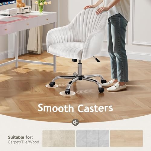 Image of AZAKEE Velvet Office Chair with Wheels & Armrests - Mid-Back Swivel Desk Chair for Home Office, Study, Bedroom & Vanity - Adjustable Height, Comfortable & Stylish (White)