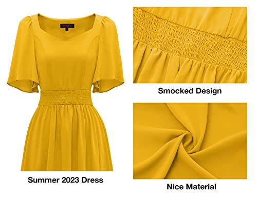 Dresstells 2023 Summer Casual Chiffon Dress, Women's Midi Fit And Flare Tea Party Dress, Easter A Line Modest Boho Sundresses With Smocked Waist Turmeric Size 2Xl #TOP4