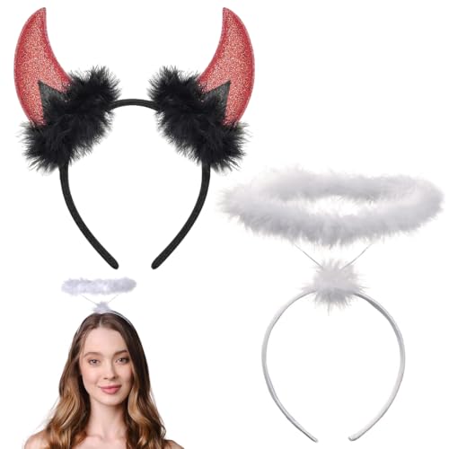 LKJAUOZ Haarreif Heiligenschein weiß und Teufelshörner Haarreif |Haarreifen Engel und Dämonen | Kopfschmuck für Damen Herren & Kinder |für Kostüm Party Fasching Karneval