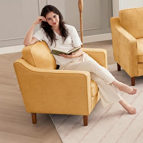 Image of Kingfun Accent Chair Set of 2, Living Room Chairs, Mid Century Reading Armchair, Chenille with Solid Wood Foot, Upholstered Modern Decor for Bedroom, Apartment
