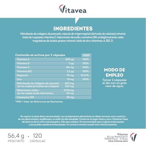 Miniatura 8 de Colágeno Marino Hidrolizado Magnesio Ácido Hialurónico Coenzima Q10-120 Cápsulas - Piel Radiante, Uñas Y Cabello Saludables - Articulaciones Y Huesos - Vitaminas A, C, D, B12 Y Zinc- Vitavea