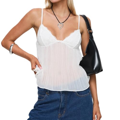 Women Pleated Camisole Sexy Sheer Mesh Spaghetti Strap Tank Top
