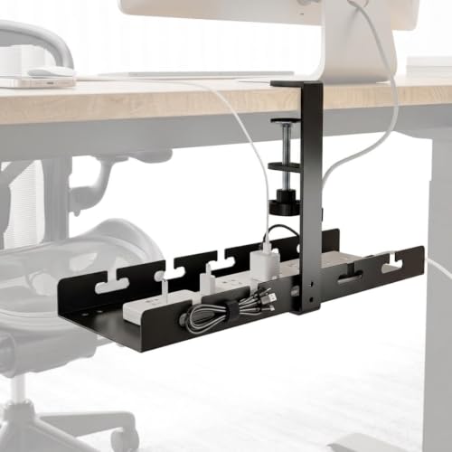 Image of Herrlich Homes Under Desk Cable Management Tray | No Drill Clamp-On Wire Organizer | Height Adjustable Metal Power Strip Holder | Black | 40 cm