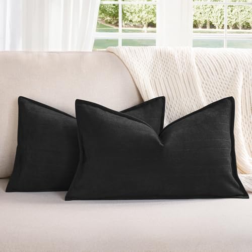 ZWJD Black12x20 Pillow Covers Set of 2 Chenille Throw Pillow Covers with Elegant Design Soft and Luxurious Decorative Throw Pillows for Couch, Bed, and Home Decor