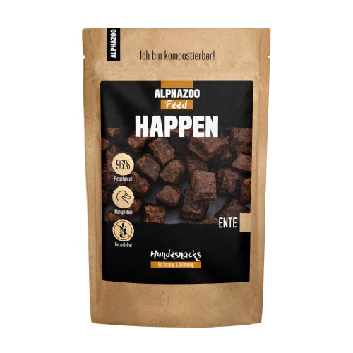 alphazoo Happen Hundeleckerli Ente 200g I Natürliche Leckereien für Hunde ohne Zusätze I Ideal für mittlere & große Hunde I Belohnung & Trainingssnack