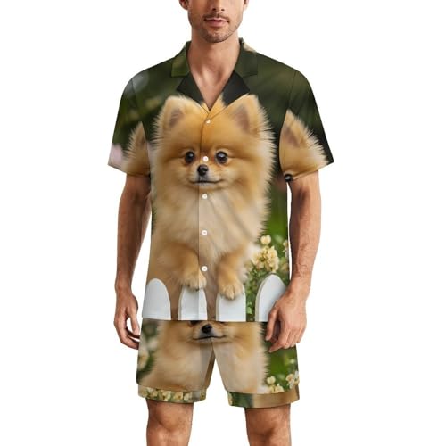 Funny Pomeranian Dog Mens Pajamas Set Short Sleeve Sleepwear Summer Pjs Sets 2 Piece Loungewear Nightwear