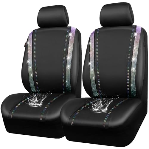 Image of CAR PASS Leather Bling Diamond Car Seat Covers 2 Front Interior Sets, Waterproof Universal Shining Glitter Crystal Sparkle Fit for 95% Auto Truck SUV Cute Women Girl, Black Multicolor Rhinestone