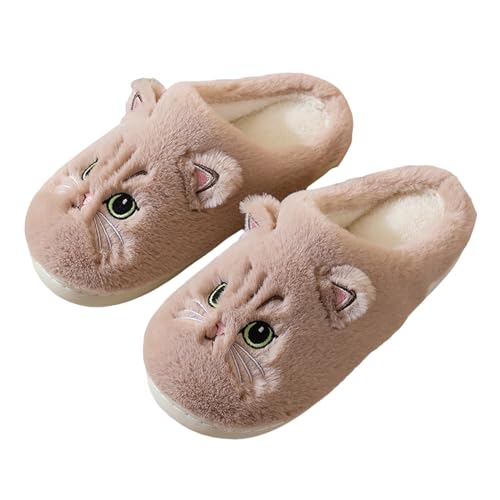 Solutra Katzen Hausschuhe Damen Winter Warme Plüsch Hausschuhe Damen Herren Pantoffeln Damen kinder Kawaii Weiche Slippers (Hellbraun Neu,37/38 EU)