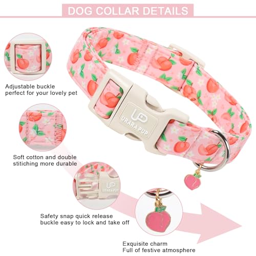 Image of Peach Dog Collar, Summer Spring Cotton Dog Collar, Cute Fruit Pattern Adjustable Pink Pet Collar, Lightweight Durable Quick Release Buckle with Charm for Female Dogs