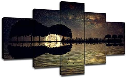 Guitar Island Moonlight Wall Decor Canvas Prints Starry Sky Picture 5 Panel Wall Art for Living Room Home Guitar Painting Landscape Poster Framed Contemporary Artwork Ready to Hang(60''Wx32''H)