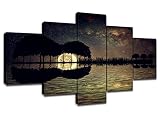 Guitar Island Moonlight Wall Decor Canvas Prints Starry Sky Picture 5 Panel Wall Art for Living Room