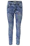 Five Pocket Stil Jewelly Damen Stretch Boyfriend Jeans mit Blumen Print - Five-Pocket im Crash-Look mit Reißverschluss (S/36, Denim)