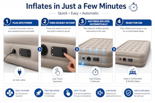Image of Inflatable Air Bed Single Size, Portable Blow Up Mattress for Home, Guest, Camping & Travel, Waterproof Flocked Surface, Raised Air Mattress