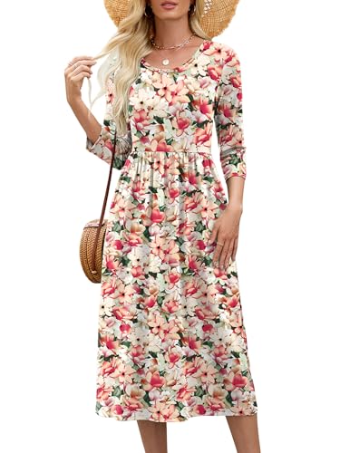 Image of Heymoments Women's Casual 3 /4 Sleeve Midi Dress Crewneck A Line Tiered Flowy Loose Travel Long Dresses with Pockets