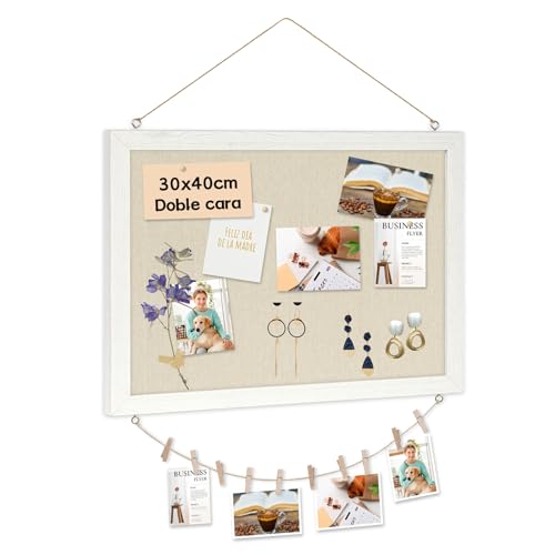 DOLLAR BOSS tablero de corcho pared con lino 30×40CM 1 pieza, tablón de anuncios, pizarra de corcho de doble cara con marco de madera para casa, cocina y oficina con 10 chinchetas