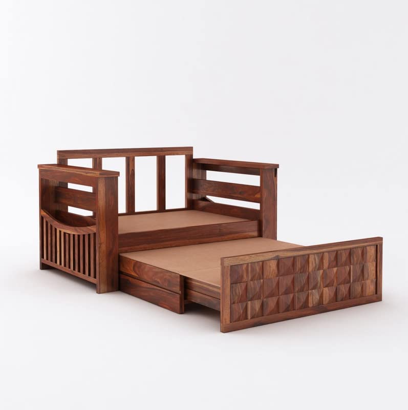 Image of Solid Sheesham Wood 2 Seater Diamond Sofa Cum Bed for Living Room with Storage and Side Pockets Couch Diwan Wooden Bedroom Furniture Two Seater Sofa for Home Hall and Office (Honey Finish)