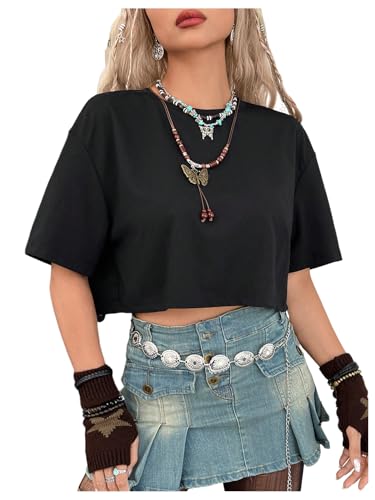 Verdusa Women's Butterfly Mesh Fairy T Shirts Drop Shoulder Goth Crop Tops2