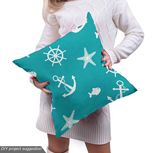 Image of Lunarable Nautical Fabric by The Yard, Ocean Creatures Silhouettes Fish Starfish Helm on Vivid Background Sailing Theme, Decorative Fabric for Upholstery and Home Accents, 3 Yards, White Teal