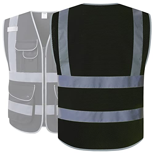 Image of JKSafety 9 Pockets High Visibility Safety Vest for Men and Women, Hi-Vis Reflective Black Safety Vests with Zipper Front, Meet ANSI /ISEA Standards(159-Black L)