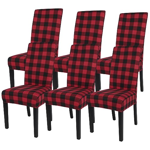 Image of SearchI Christmas Chair Covers Set of 6, Stretch Xmas Kitchen Chair Cover Removable Washable Holiday Parsons Chair Slipcovers for Dining Room, Christmas Decoration, Ceremony (Black /Red Plaid)